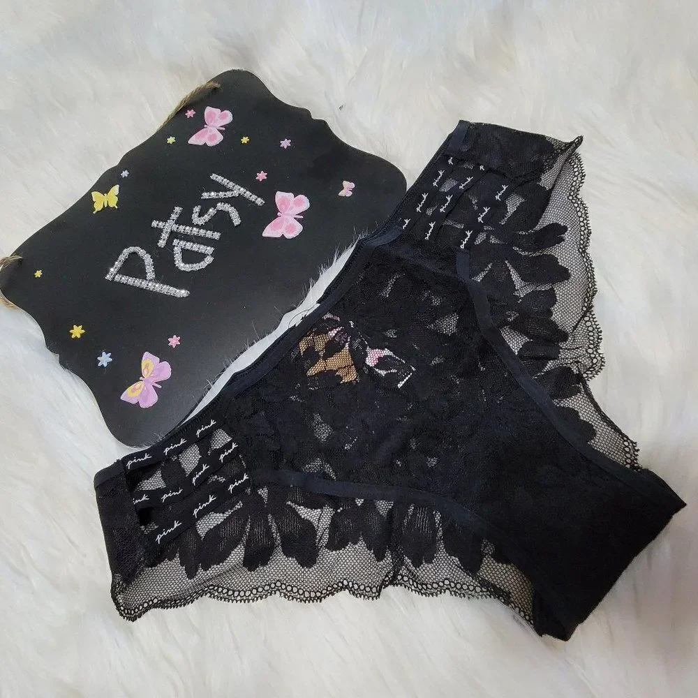 1368  MEDIUM Victoria's Secret Black Lace Strappy Cheekster   NWT